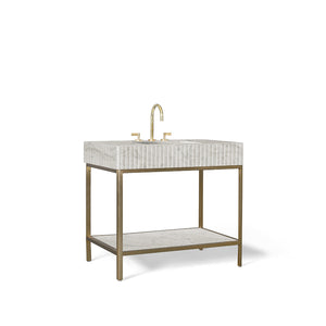 36” Single Vanity with Shelf in Carrara and Brass