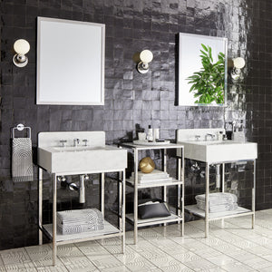 24” Single Vanity with Shelf in Polished Stainless Steel and Carrara Stone Top