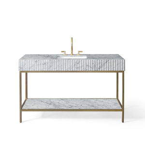56” Single Vanity with Shelf in Carrara and Brass