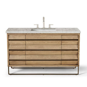 56” Single Vanity in Weathered Oak with Antique Bronze and Carrara Stone Top