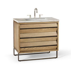 36” Single Vanity in Weathered Oak with Antique Bronze and Calacatta Stone Top