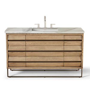 56” Single Vanity in Weathered Oak with Antique Bronze and Calacatta Stone Top