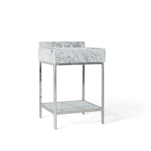 24” Vanity with Shelf in Polished Stainless Steel and Carrara Stone Top