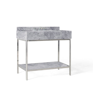 36” Single Vanity with Shelf in Polished Stainless Steel and Catia Grey Stone Top