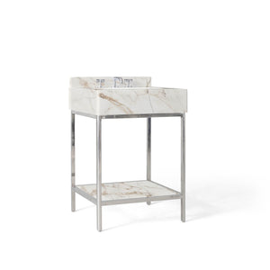 24” Single Vanity with Shelf in Polished Stainless Steel and Calacatta Stone Top