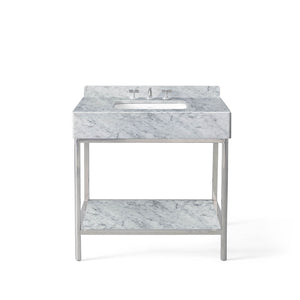 36” Single Vanity with Shelf in Polished Stainless Steel and Carrara Stone Top