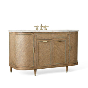 56” Single Vanity in Light Oak with Aged Brass and Calacatta Stone Top