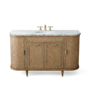 56” Single Vanity in Light Oak with Aged Brass and Carrara Stone Top