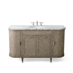 56” Single Vanity in Gray Oak with Brushed Pewter and Carrara Stone Top