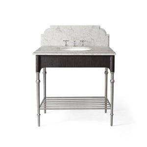 36” Single Vanity with Shelf in Smoke Oak with Polished Steel and Carrara Top