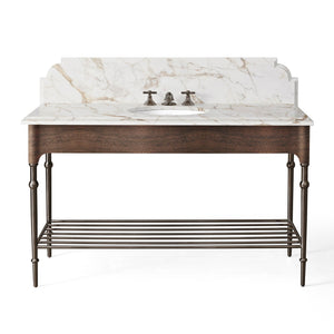56” Single Vanity with Shelf in Light Mahogany with Antique Bronze and Calacatta Stone Top