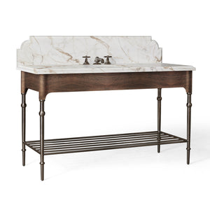 56” Single Vanity with Shelf in Light Mahogany with Antique Bronze and Calacatta Stone Top
