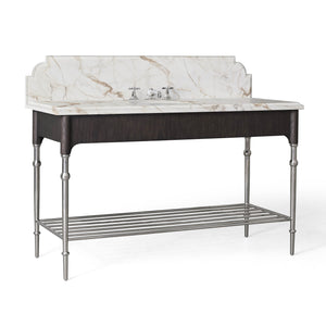56” Single Vanity with Shelf in Smoke Oak with Polished Stainless Steel and Calacatta Stone Top