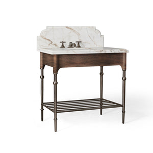 36” Single Vanity with Shelf in Light Mahogany with Antique Bronze and Calacatta Top