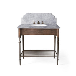 36” Single Vanity with Shelf in Light Mahogany with Antique Bronze and Catia Grey Top