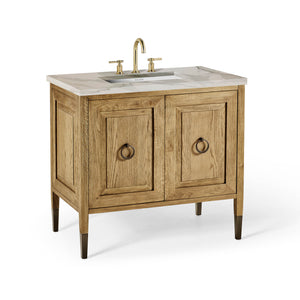 36” Single Vanity in Weathered Oak Drift with Antique Bronze with Calacatta Stone Top