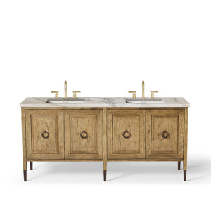 72” Double Vanity in Weathered Oak Drift with Antique Bronze with Calacatta Stone Top