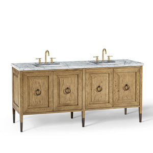 72” Double Vanity in Weathered Oak Drift with Antique Bronze with Carrara Stone Top