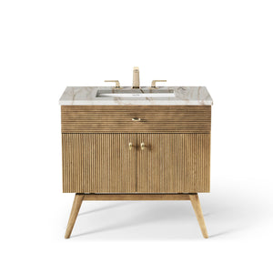 36" Single Vanity in Honey Oak with Aged Brass and Calacatta Stone Top