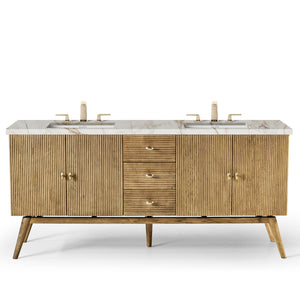 72" Double Vanity in Honey Oak with Aged Brass and Calacatta Stone Top